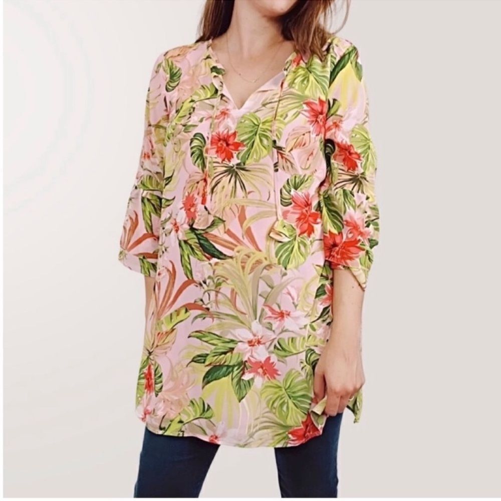 J. Jill XL Pink Seashell Tropical Paradise Front Tie Double Ruffle Sleeve Tunic